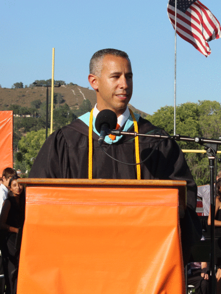 E.J. Rossi delivers his speech at the last Atascadero High School graduation ceremony he will precide over. Rossi will start his job as superintendent of educational services on July 1. Photo by Heather Young