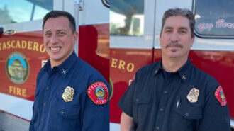 Battalion Chief of Operations Matt Miranda, at left, and Battalion Chief of Community Risk Reduction Dave Van Son