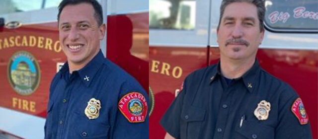 Battalion Chief of Operations Matt Miranda, at left, and Battalion Chief of Community Risk Reduction Dave Van Son