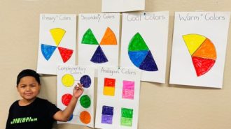 A Carrisa Plains Elementary student shows the class color wheel charts