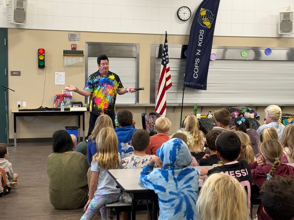 Retro Bill speaks to students at Monterey Road Elementary School