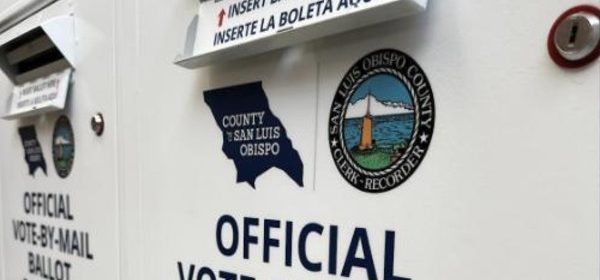 An official San Luis Obispo County vote-by-mail ballot drop box
