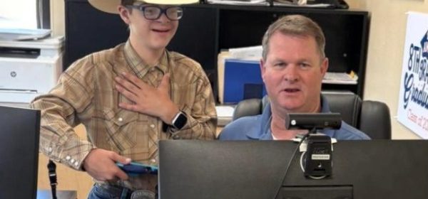 Atascadero Middle School student uses his AAC device to lead the Pledge of Allegiance