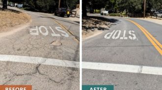 A before-and-after view of an Atascadero road repaved with Measure F-14 funds